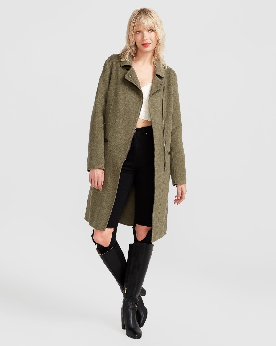 Women Belle & Bloom Wool Coats | New Fit Last Chance Wool Blend Moto Coat - Army Green