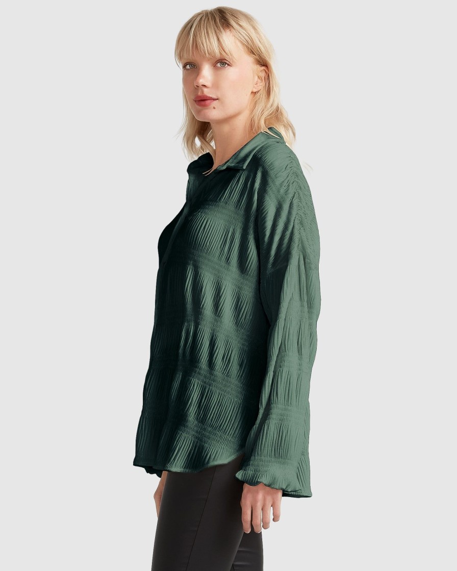 Women Belle & Bloom Shirts & Blouses | Serenade Velvet Plisse Shirt - Dark Teal