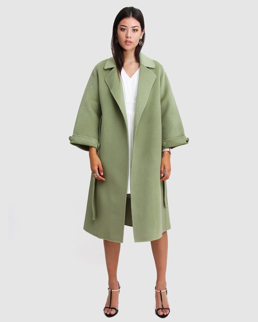 Women Belle & Bloom Belted Coats | Stay Wild Oversized Wool Coat - Grass