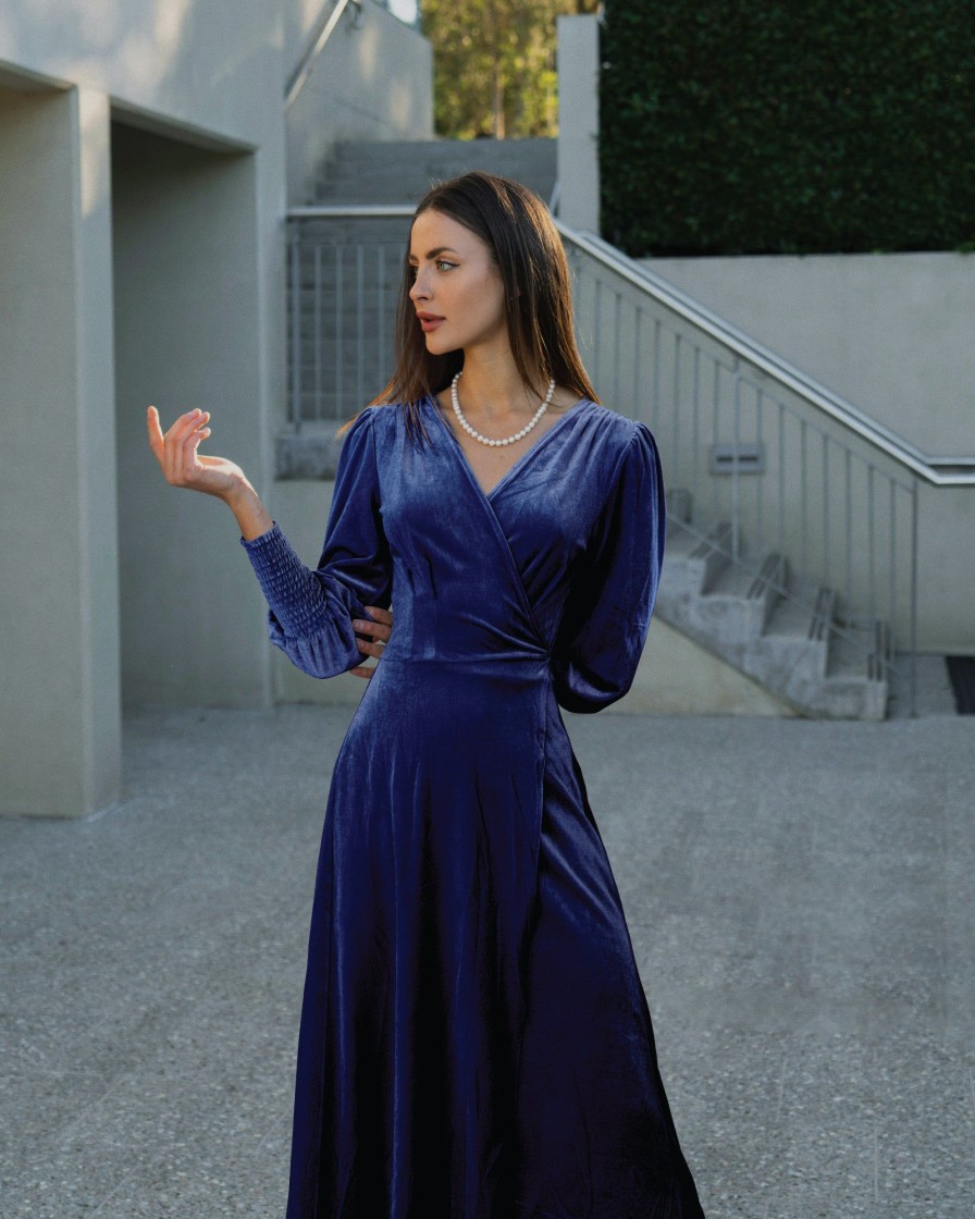 Women Belle & Bloom Maxi Dresses | Current Mood Velvet Wrap Dress - Royal Blue