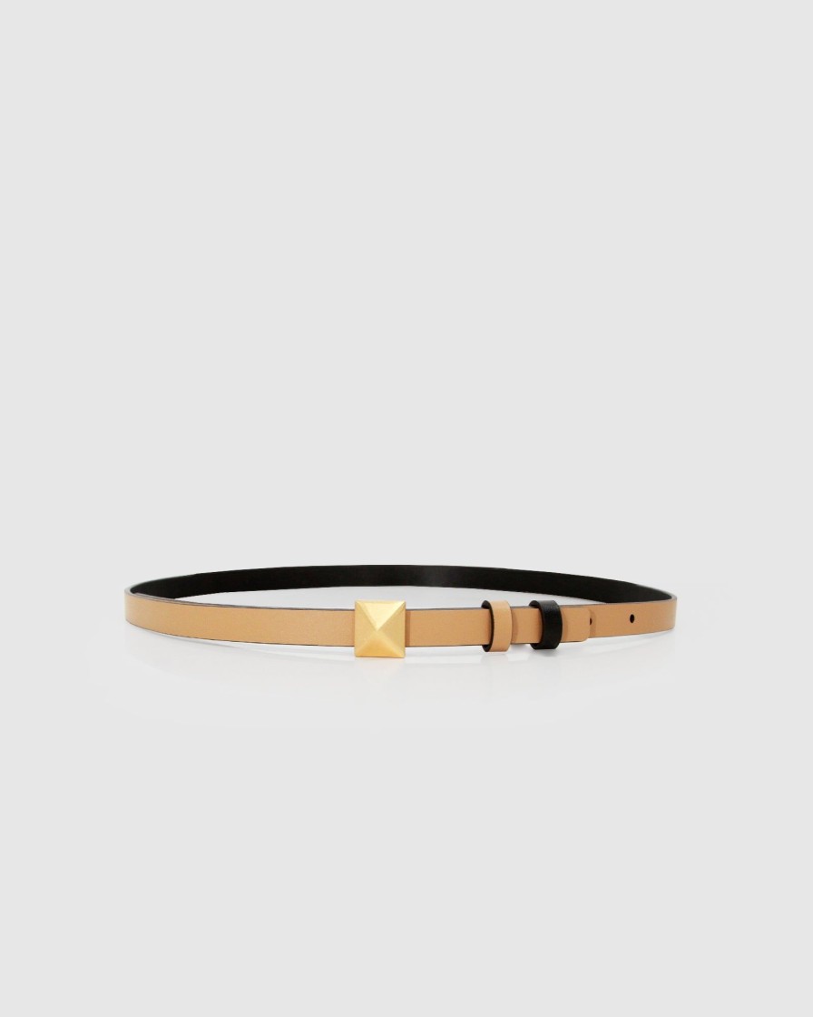 Women Belle & Bloom Belts | Cleopatra Pyramid Stud Leather Belt - Tan/Black