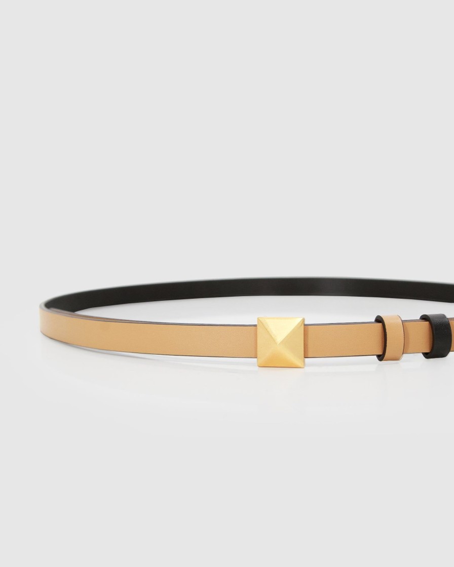 Women Belle & Bloom Belts | Cleopatra Pyramid Stud Leather Belt - Tan/Black