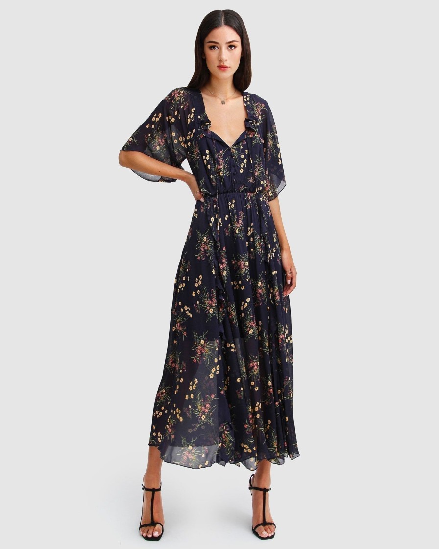 Women Belle & Bloom Maxi Dresses | Amour Amour Ruffled Midi Dress - Navy