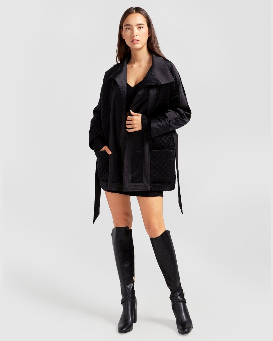 Women Belle & Bloom Belted Coats | Ace Of Spades Velvet Coat - Black