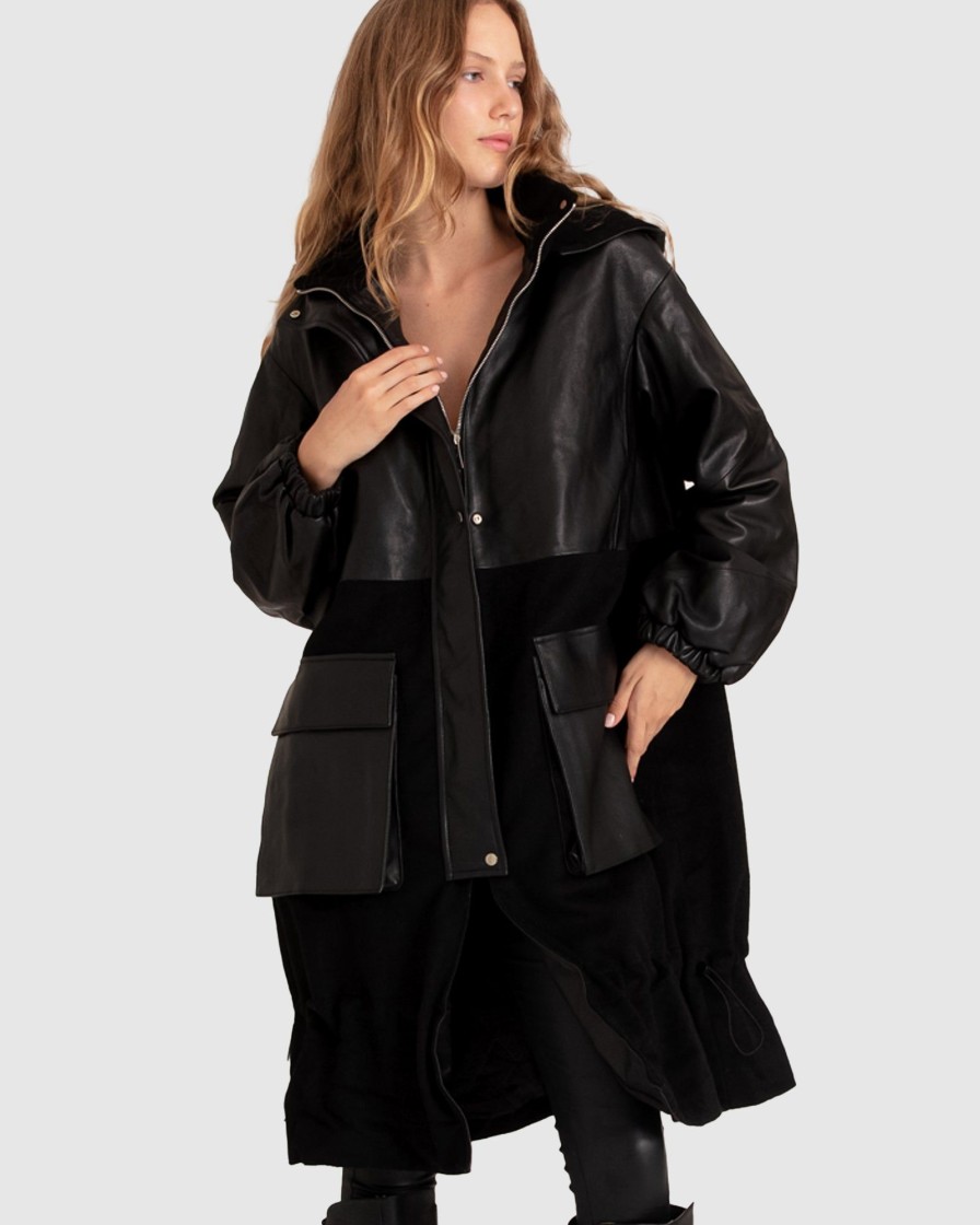 Women Belle & Bloom Wool Coats | Back To Black Oversized Leather Panelled Coat - Black