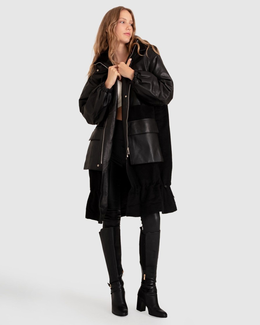 Women Belle & Bloom Wool Coats | Back To Black Oversized Leather Panelled Coat - Black