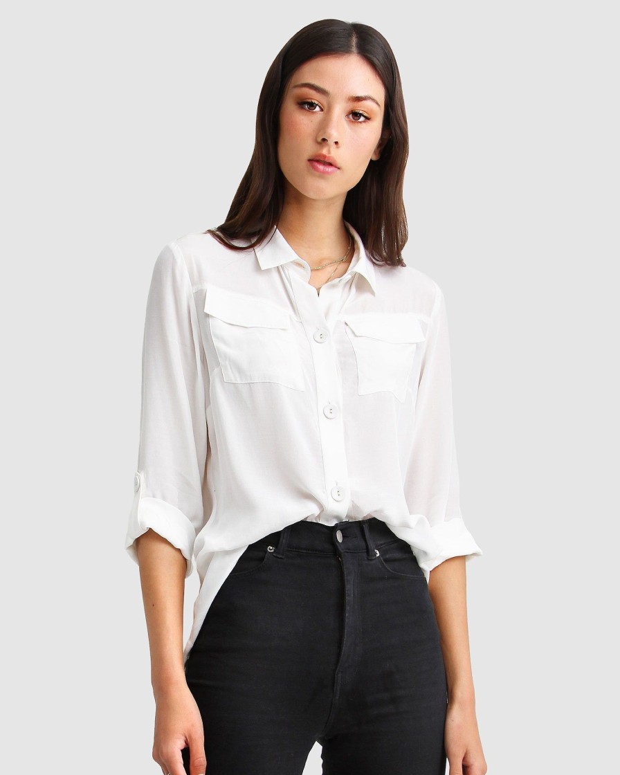 Women Belle & Bloom Shirts & Blouses | Eclipse Rolled Sleeve Blouse - Cream