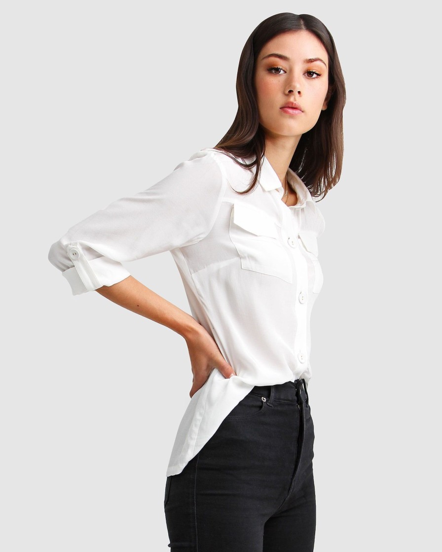 Women Belle & Bloom Shirts & Blouses | Eclipse Rolled Sleeve Blouse - Cream