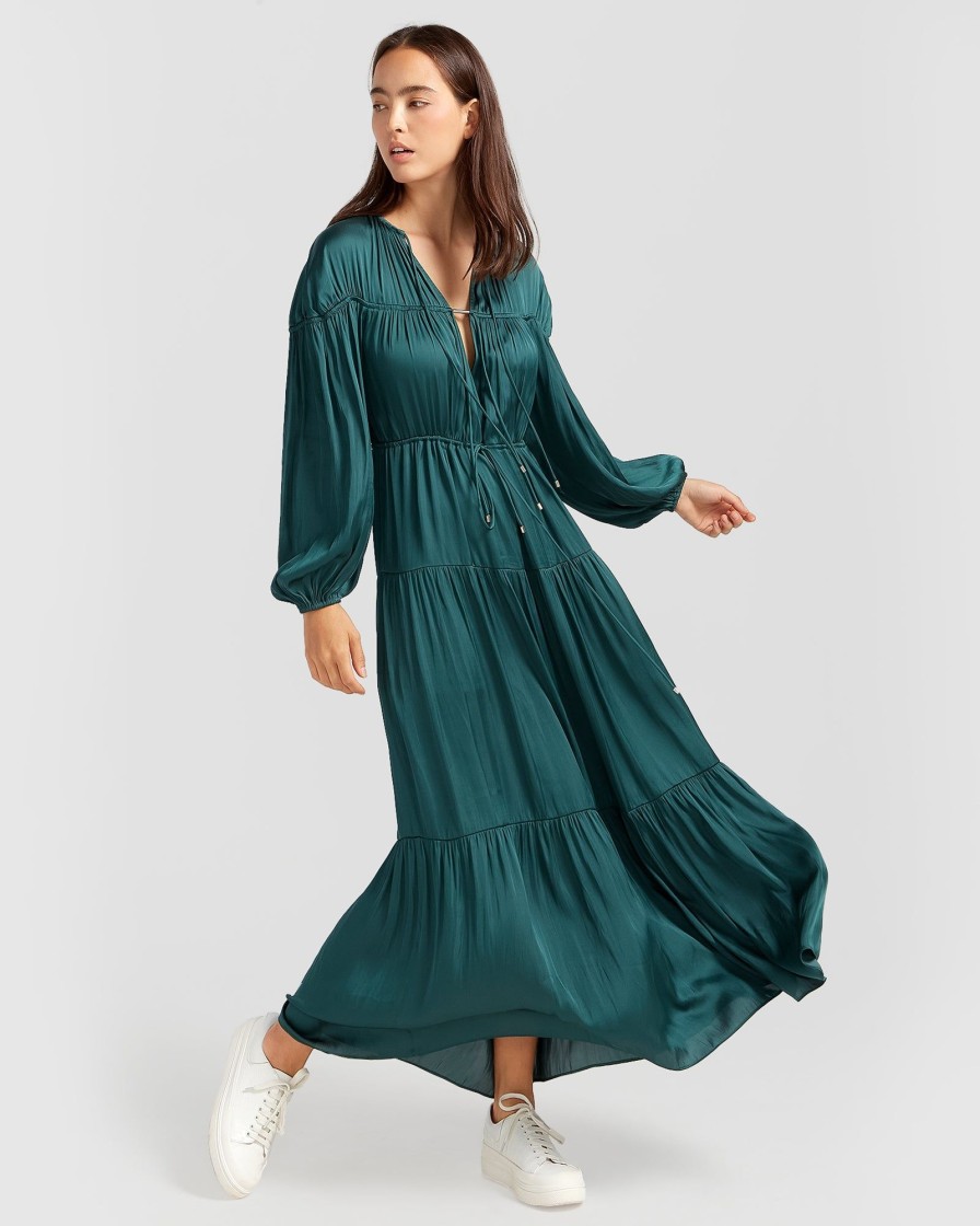 Women Belle & Bloom Maxi Dresses | Window Seat Tiered Maxi Dress - Dark Green