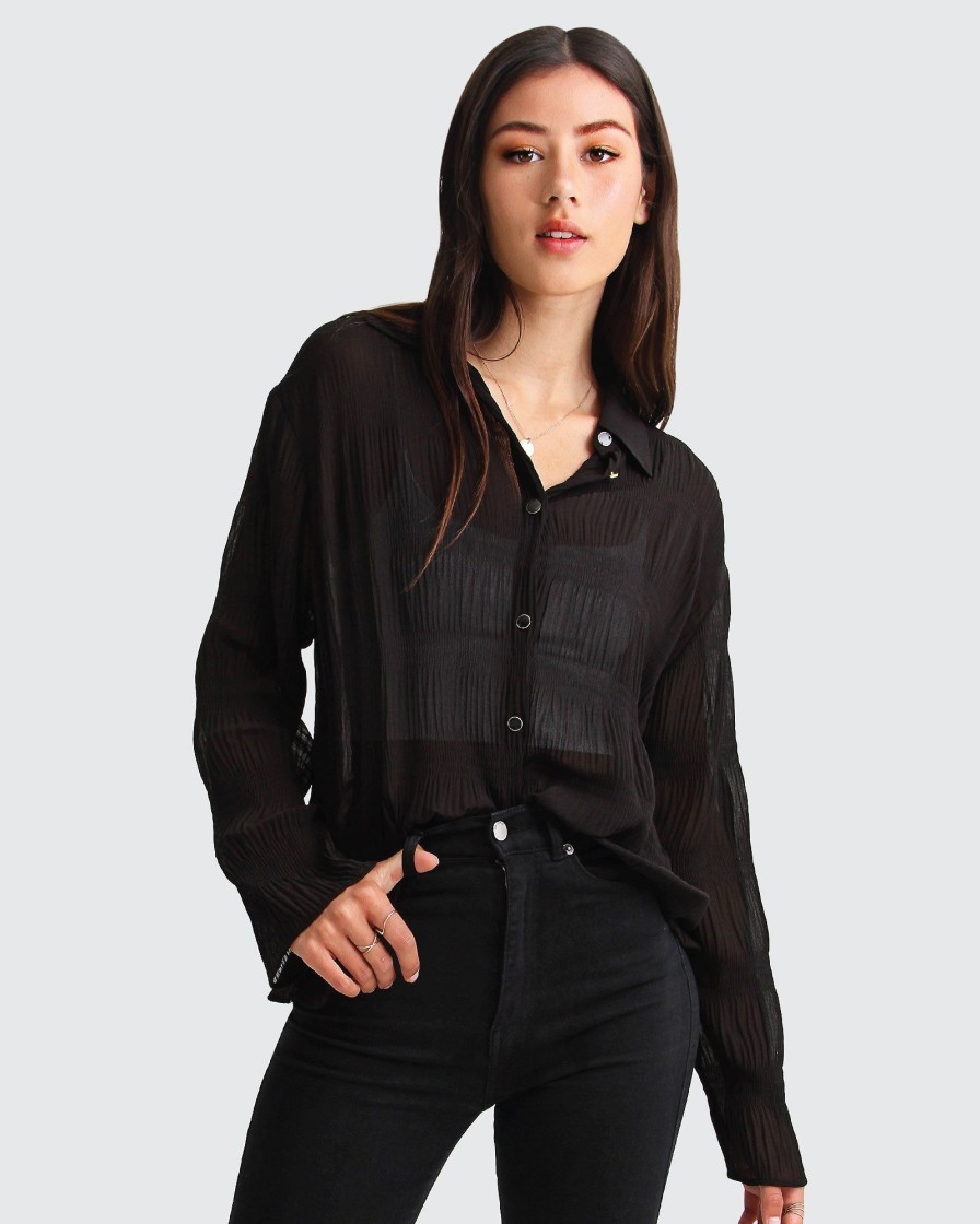 Women Belle & Bloom Shirts & Blouses | Yoko Shirred Chiffon Blouse - Black