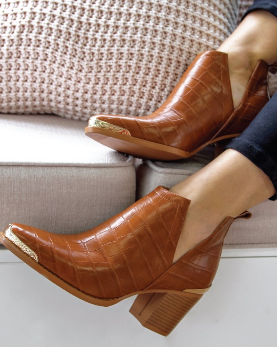 Women Belle & Bloom Boots | Austin Croc Embossed Ankle Boot - Camel