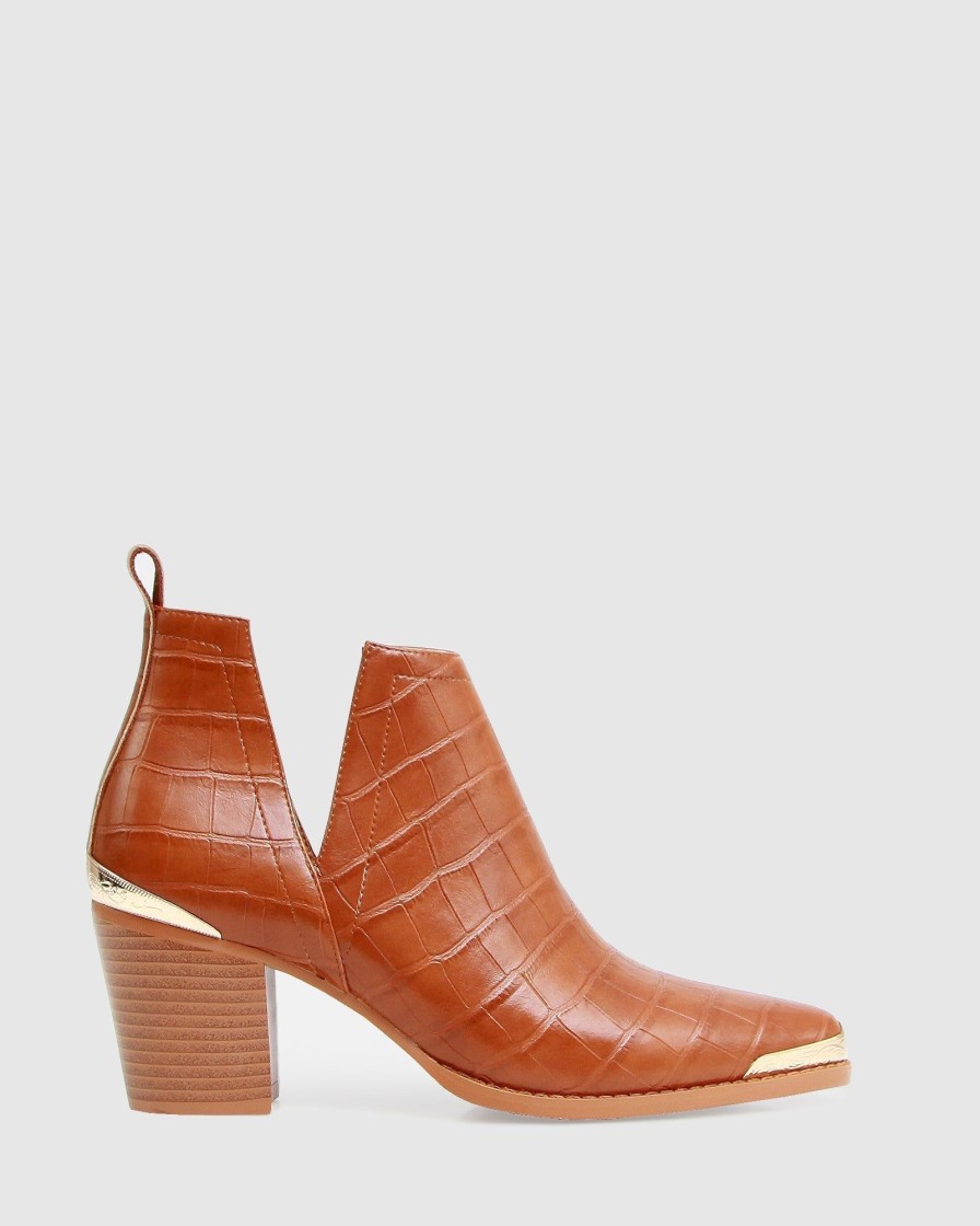 Women Belle & Bloom Boots | Austin Croc Embossed Ankle Boot - Camel