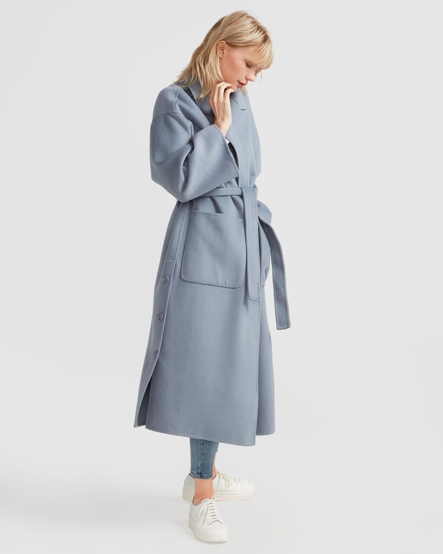 Women Belle & Bloom Belted Coats | Wide Awake Split Hem Overcoat - Denim Blue