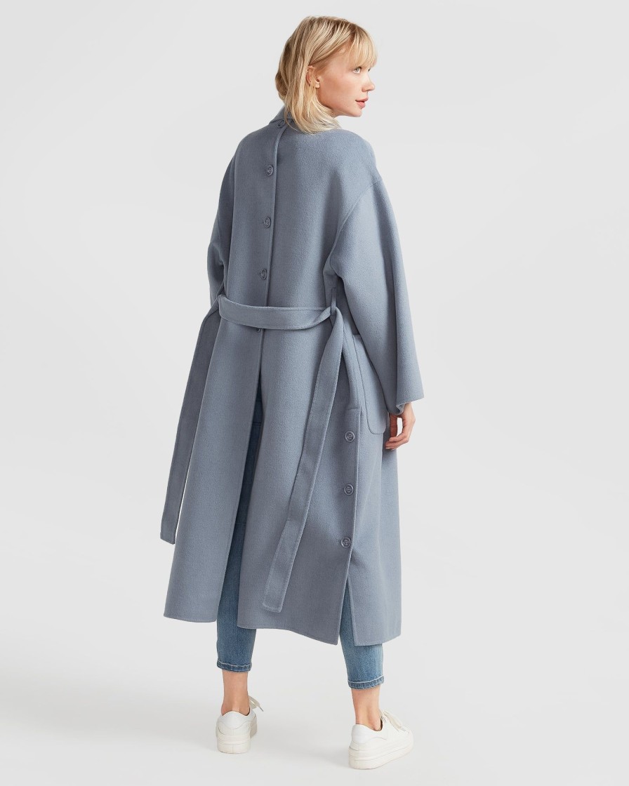 Women Belle & Bloom Belted Coats | Wide Awake Split Hem Overcoat - Denim Blue