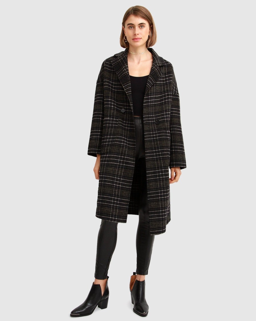 Women Belle & Bloom Wool Coats | Publisher Double-Breasted Wool Blend Coat - Black Plaid