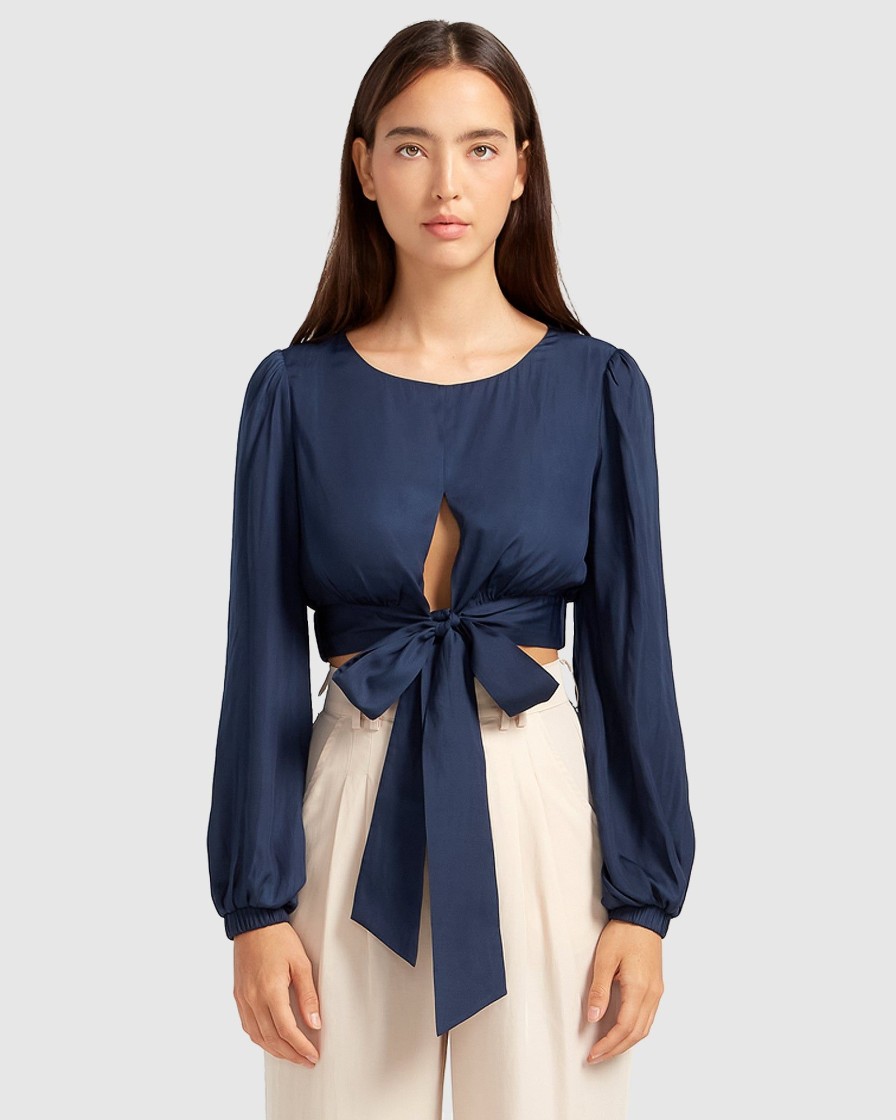 Women Belle & Bloom Shirts & Blouses | No Way Home Cropped Top - Navy Final Sale