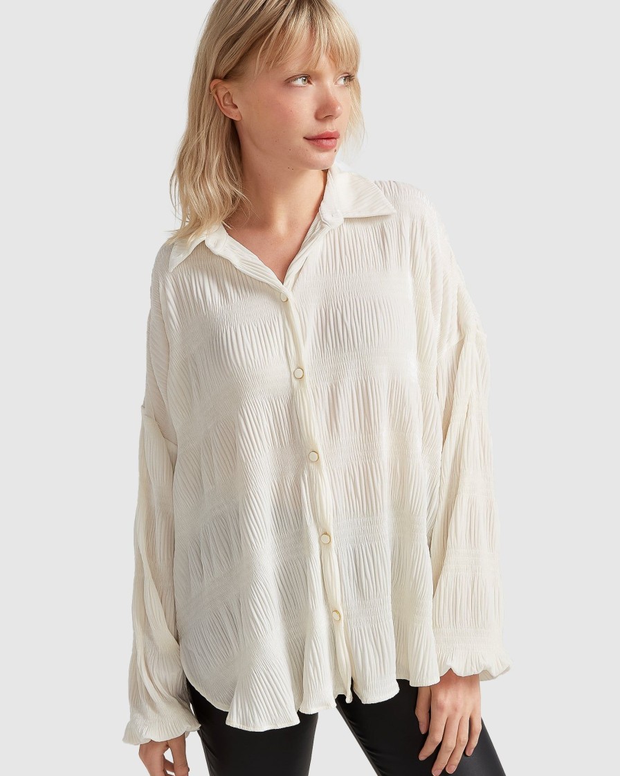 Women Belle & Bloom Shirts & Blouses | Serenade Velvet Plisse Shirt - Off-White