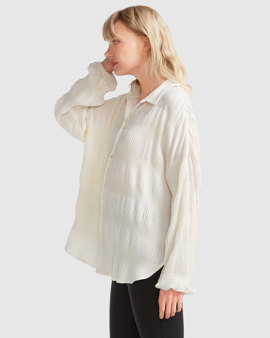 Women Belle & Bloom Shirts & Blouses | Serenade Velvet Plisse Shirt - Off-White