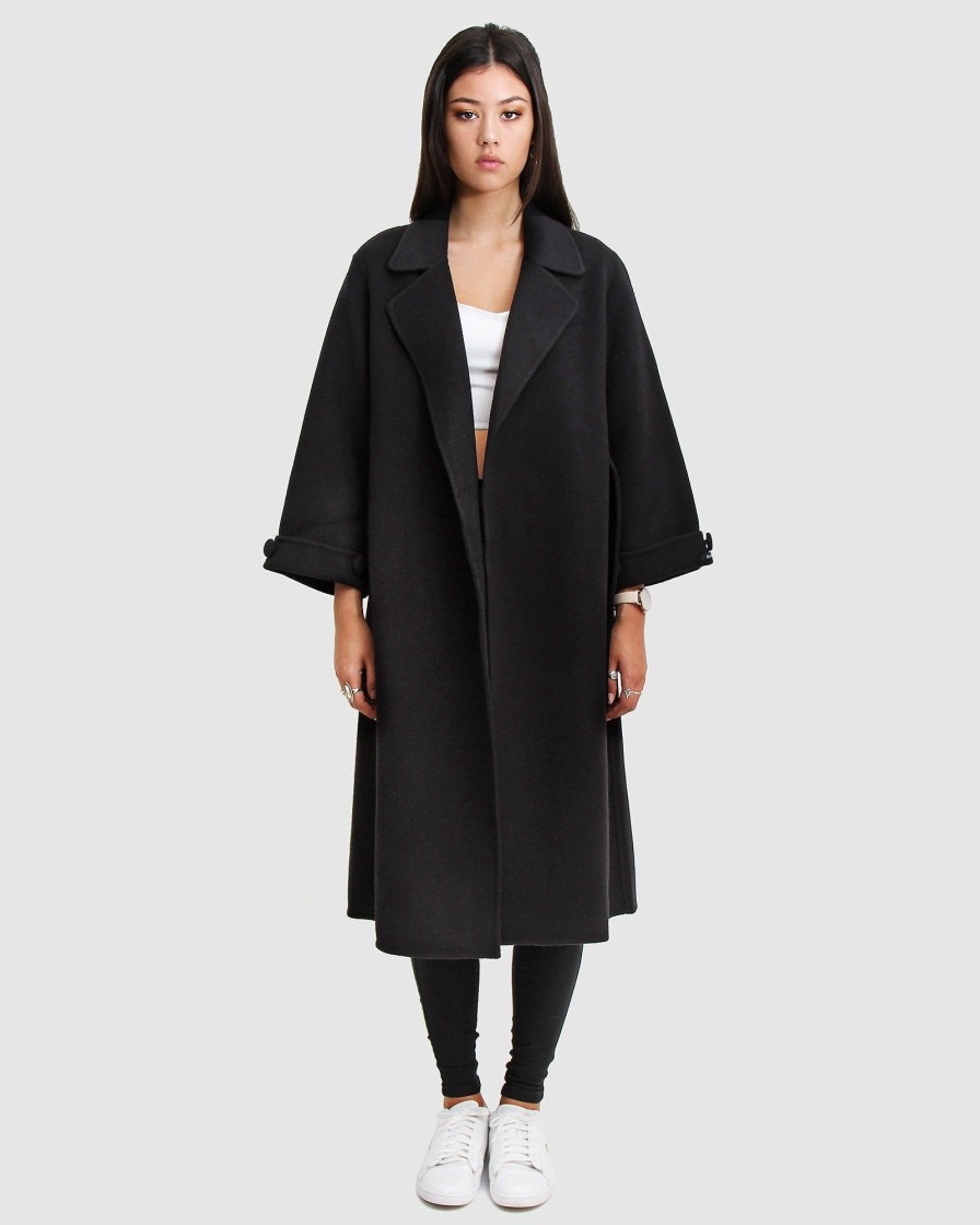 Women Belle & Bloom Belted Coats | Stay Wild Oversized Wool Coat - Black