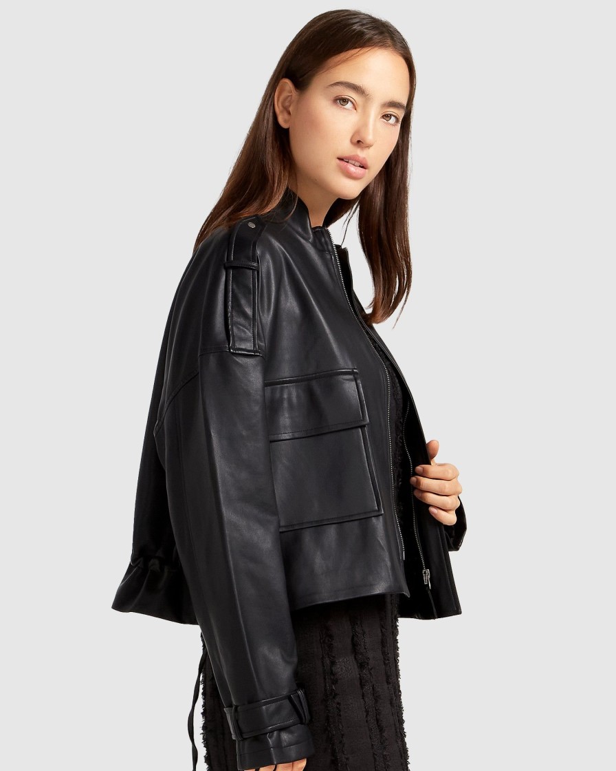 Women Belle & Bloom Leather Jackets | Reload Draped Leather Look Jacket - Black