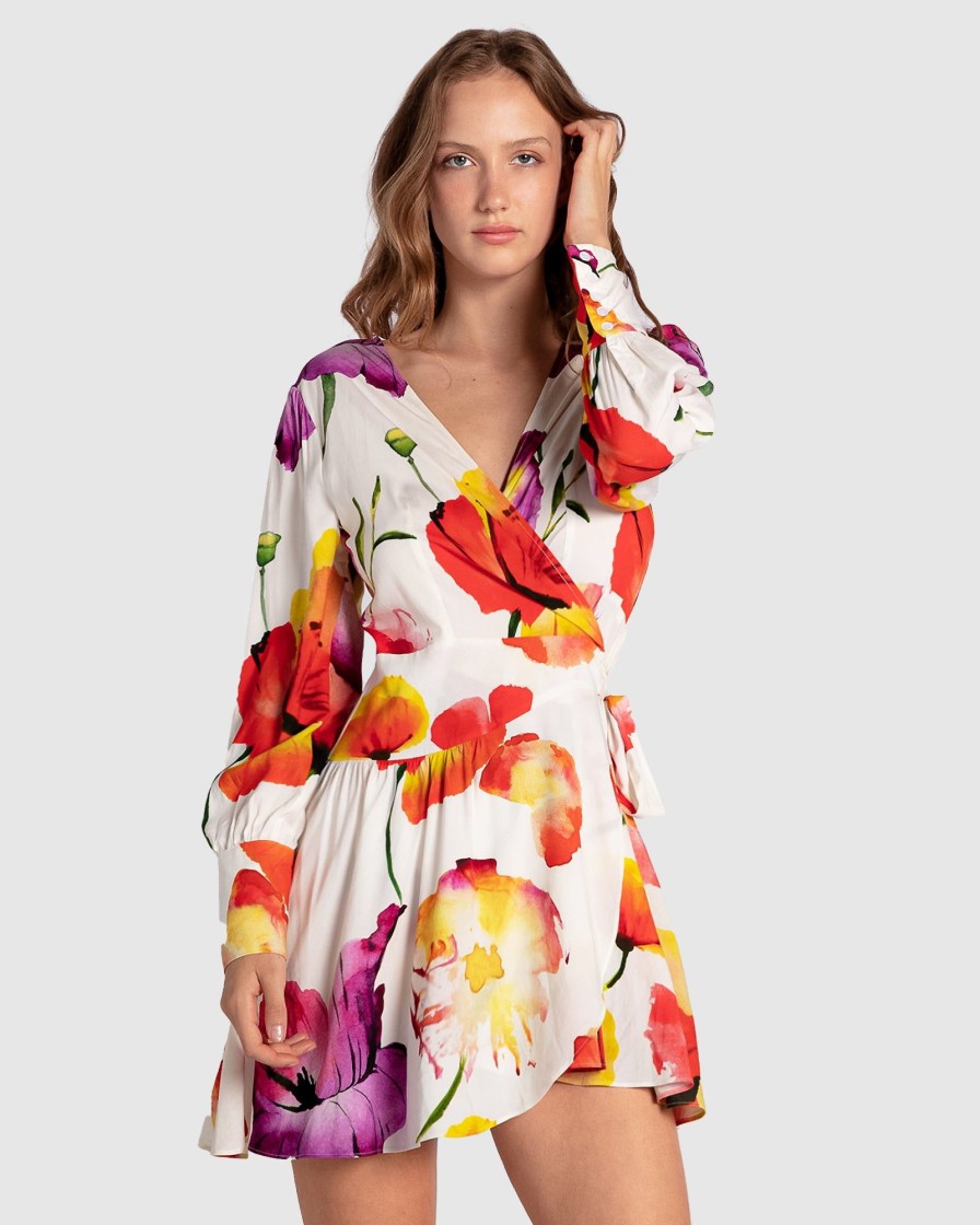 Women Belle & Bloom Mini Dresses | The Dancer Longsleeve Mini Wrap Dress - Wild Poppies