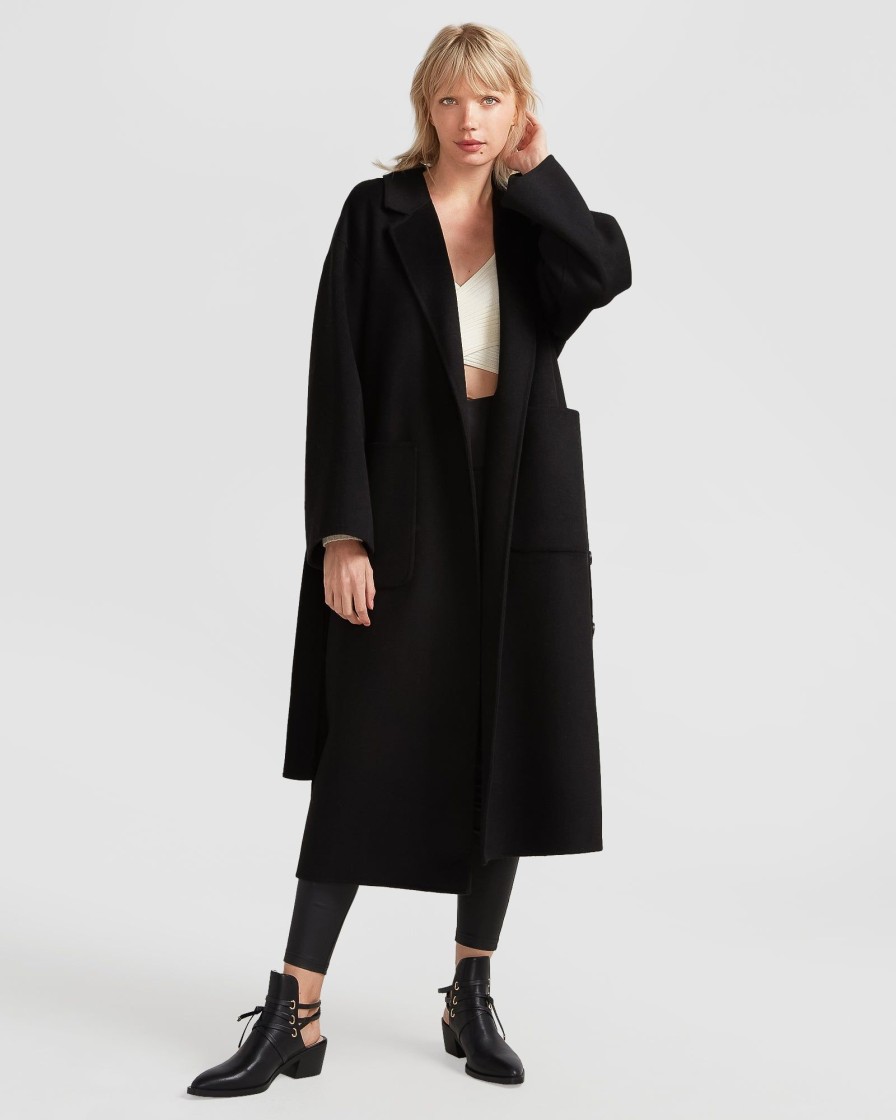 Women Belle & Bloom Belted Coats | Wide Awake Split Hem Overcoat - Black