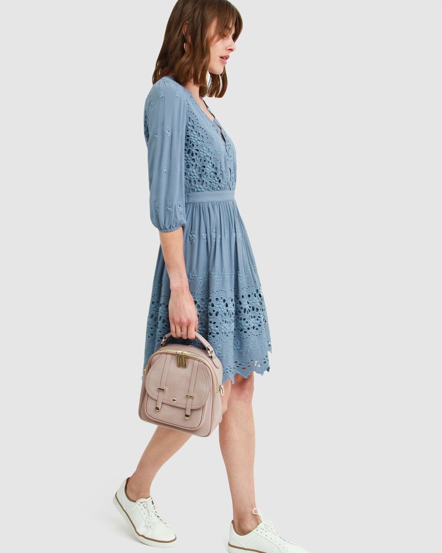 Women Belle & Bloom Mini Dresses | Sweet Talk Eyelet Mini Dress - Dusty Blue