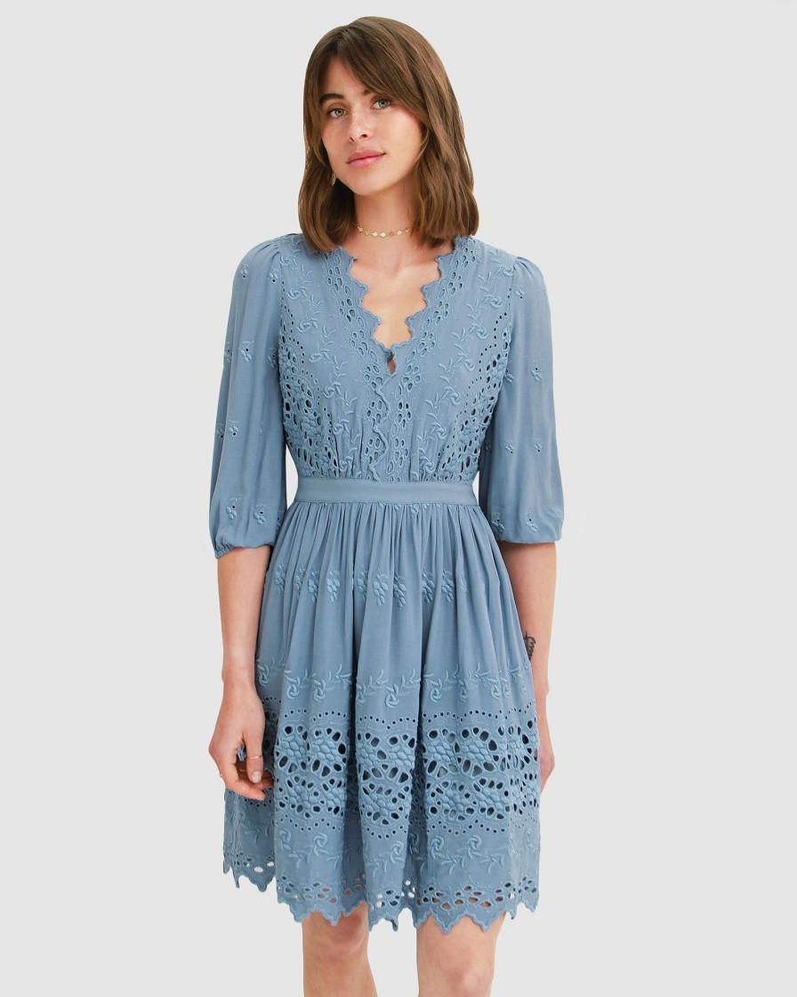 Women Belle & Bloom Mini Dresses | Sweet Talk Eyelet Mini Dress - Dusty Blue