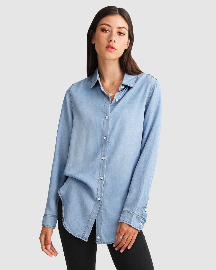 Women Belle & Bloom Shirts & Blouses | Keep Me Wild Denim Top - Indigo