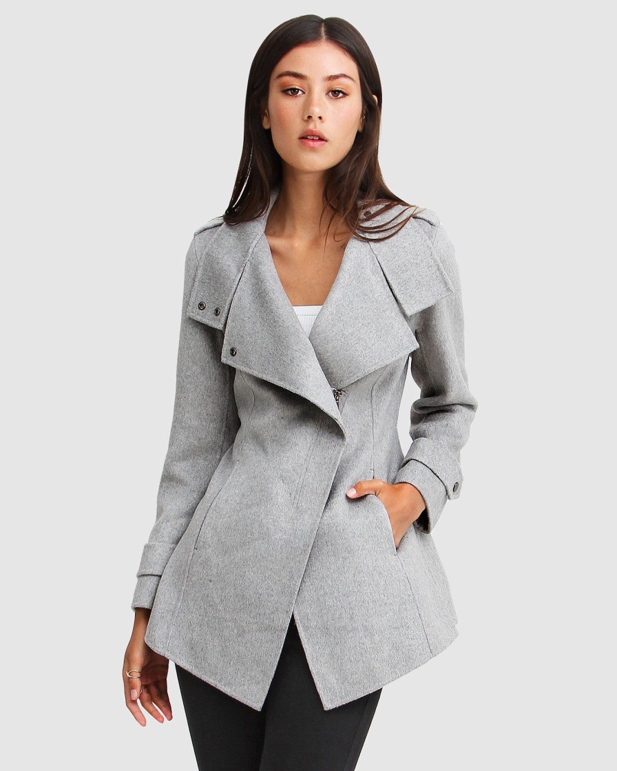 Women Belle & Bloom Wool Coats | New Fit Bad Girl Wool Blend Moto Coat - Grey Marle