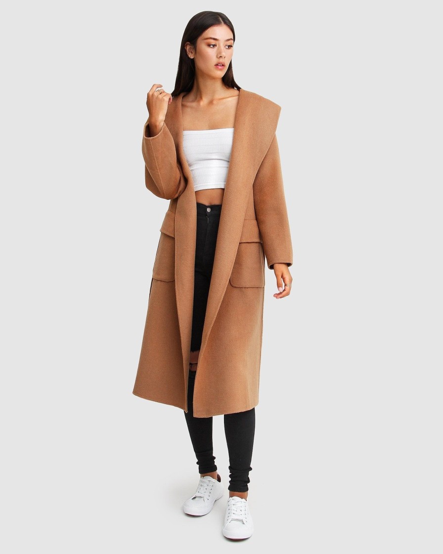 Women Belle & Bloom Belted Coats | Runaway Wool Blend Robe Coat - Dark Camel