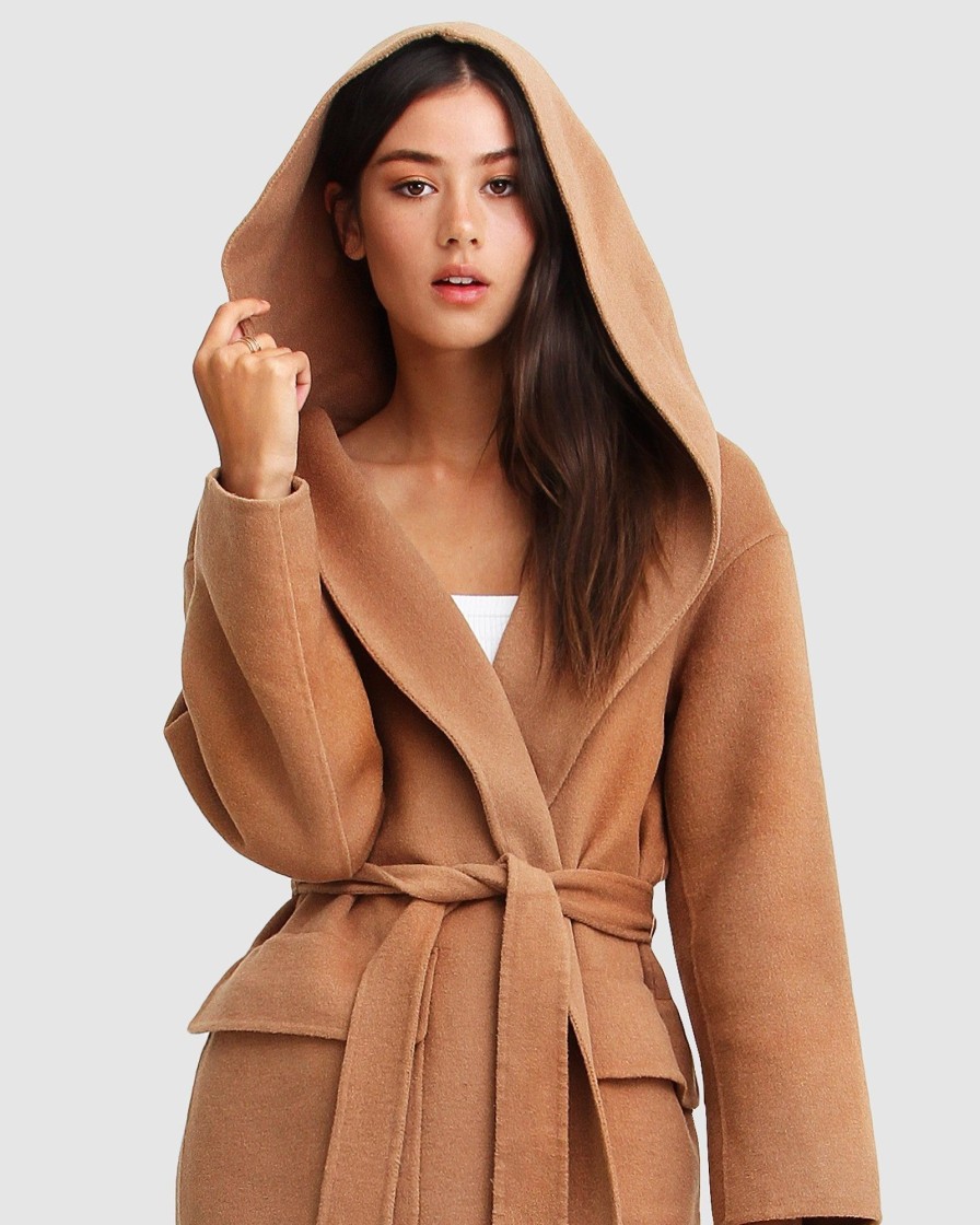 Women Belle & Bloom Belted Coats | Runaway Wool Blend Robe Coat - Dark Camel