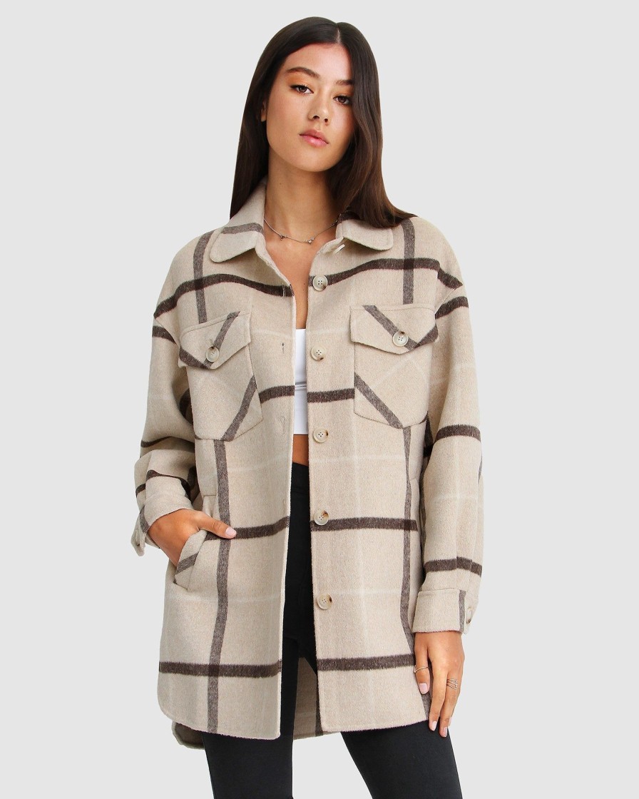 Women Belle & Bloom Wool Coats | River'S Edge Plaid Shacket - Beige