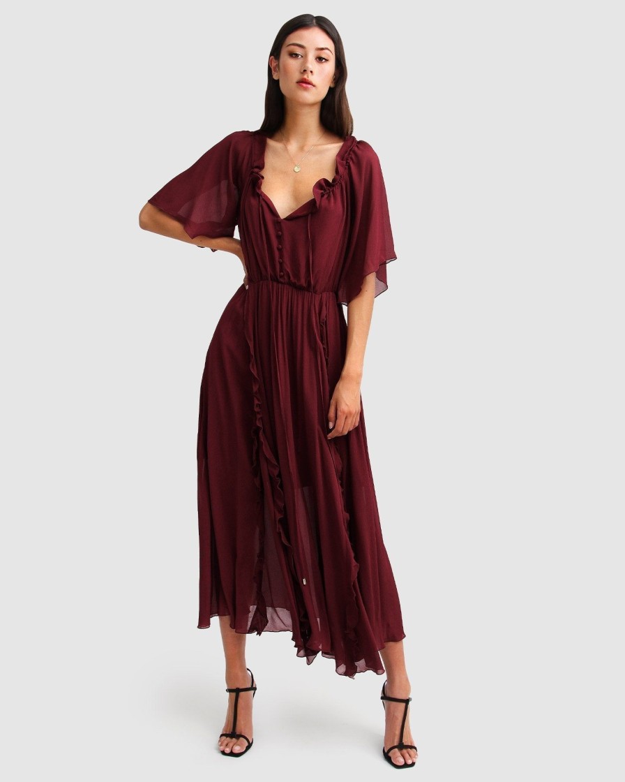 Women Belle & Bloom Maxi Dresses | Amour Amour Ruffled Midi Dress - Burgundy