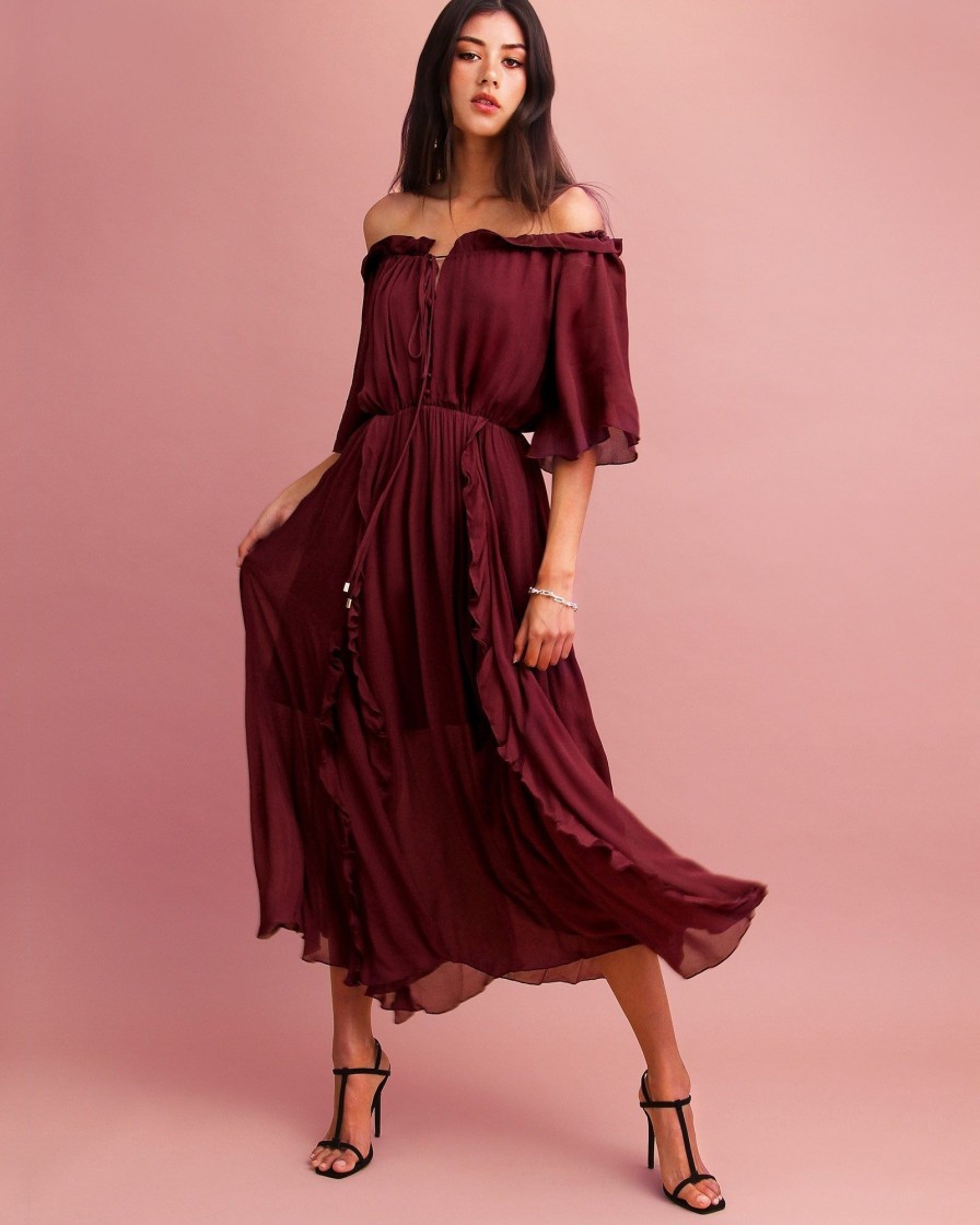 Women Belle & Bloom Maxi Dresses | Amour Amour Ruffled Midi Dress - Burgundy