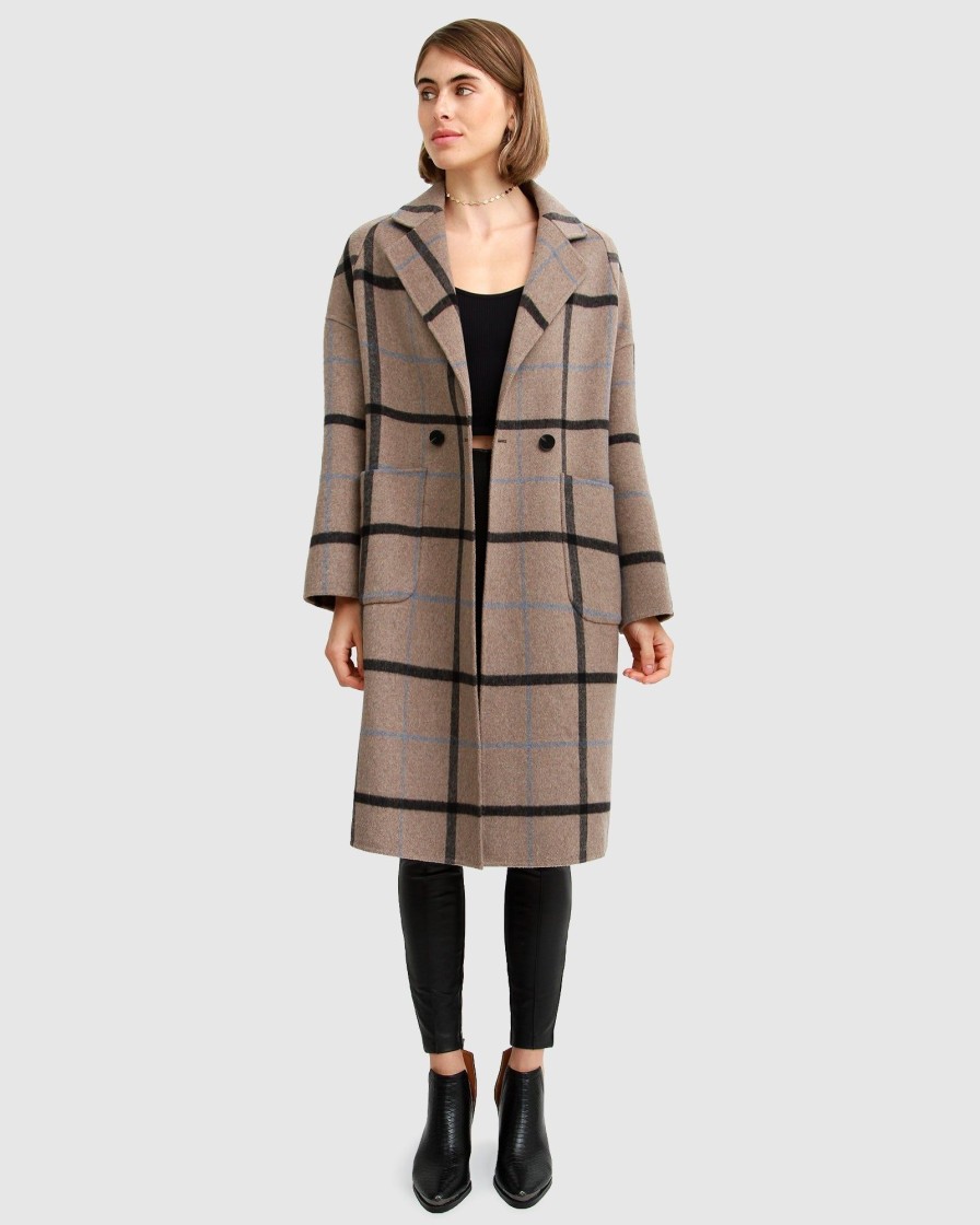 Women Belle & Bloom Wool Coats | Publisher Double-Breasted Wool Blend Coat - Oat Plaid