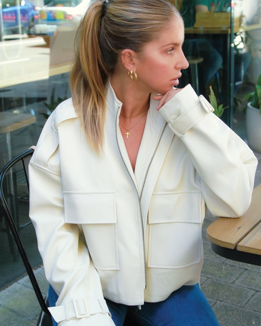 Women Belle & Bloom Leather Jackets | Reload Draped Leather Look Jacket - Cream