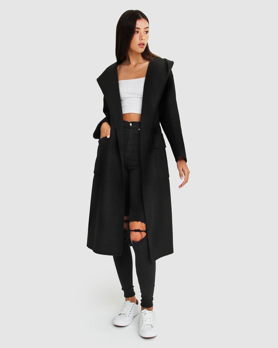 Women Belle & Bloom Belted Coats | Runaway Wool Blend Robe Coat - Black