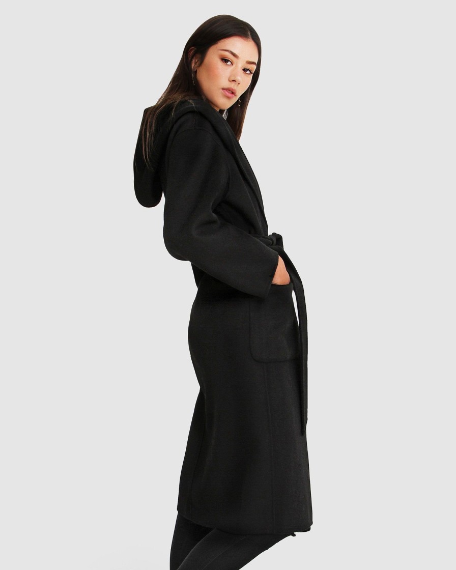 Women Belle & Bloom Belted Coats | Runaway Wool Blend Robe Coat - Black