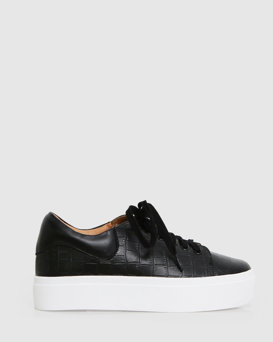 Women Belle & Bloom Flats | Just A Dream Croc Leather Sneaker - Black