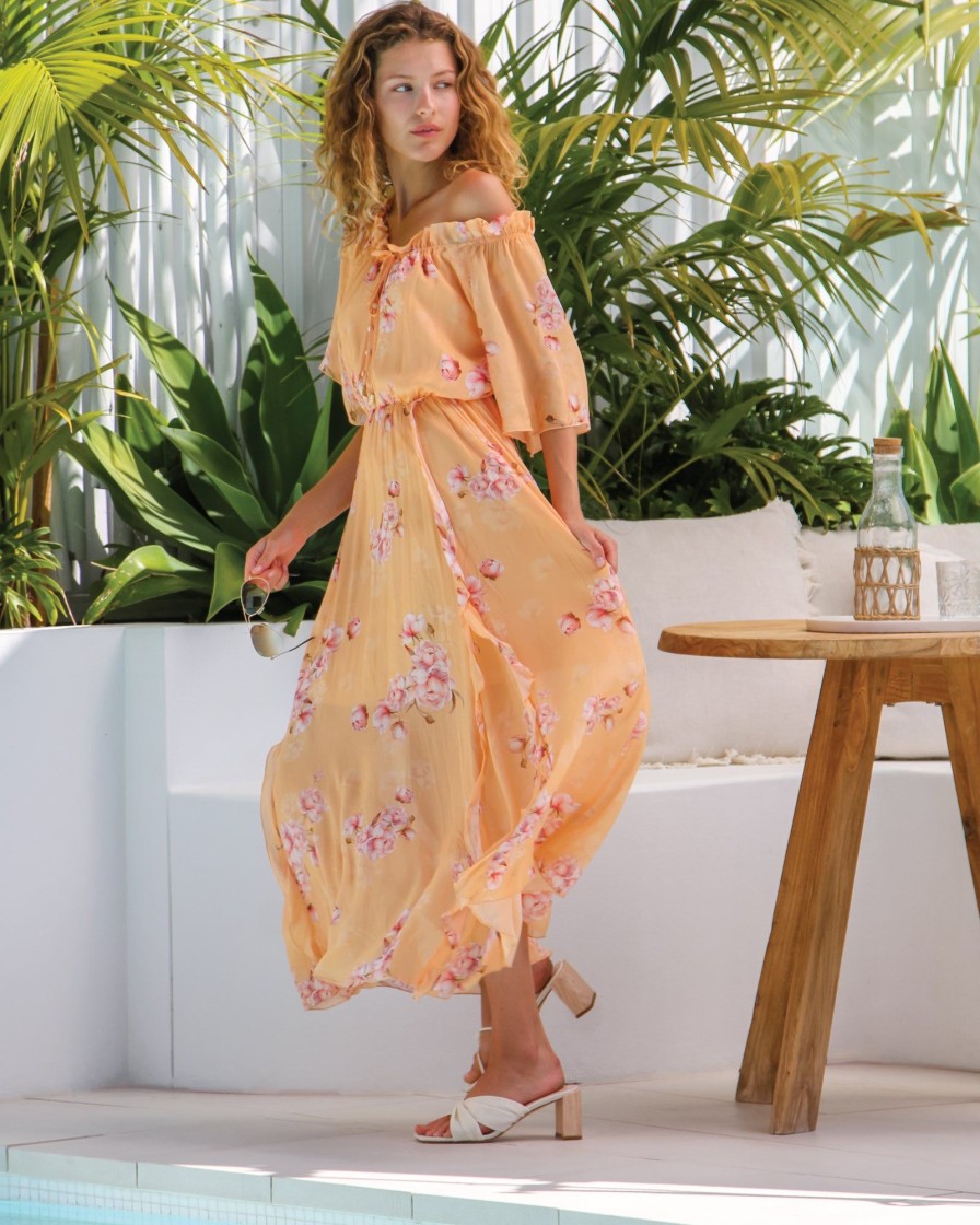 Women Belle & Bloom Maxi Dresses | Amour Amour Ruffled Midi Dress - Peach Peonies