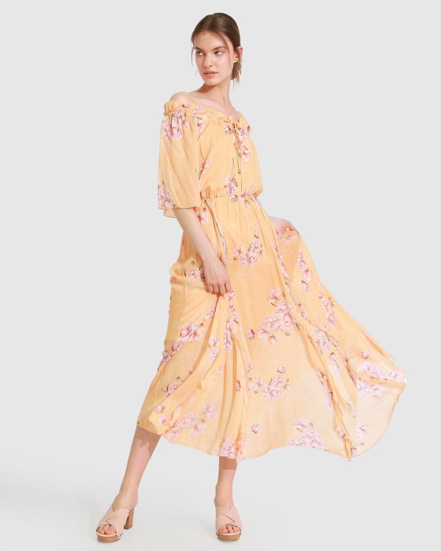 Women Belle & Bloom Maxi Dresses | Amour Amour Ruffled Midi Dress - Peach Peonies