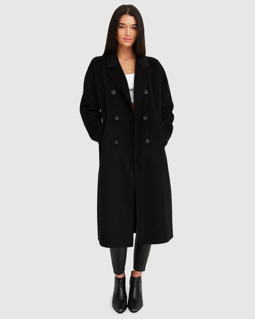 Women Belle & Bloom Belted Coats | Boss Girl Double-Breasted Lined Wool Coat - Black