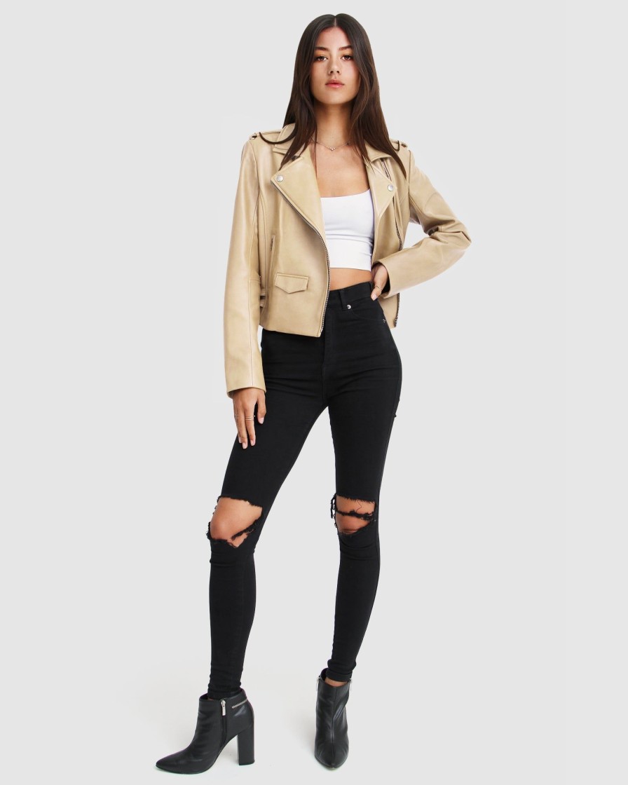 Women Belle & Bloom Leather Jackets | Just Friends Leather Jacket - Sand