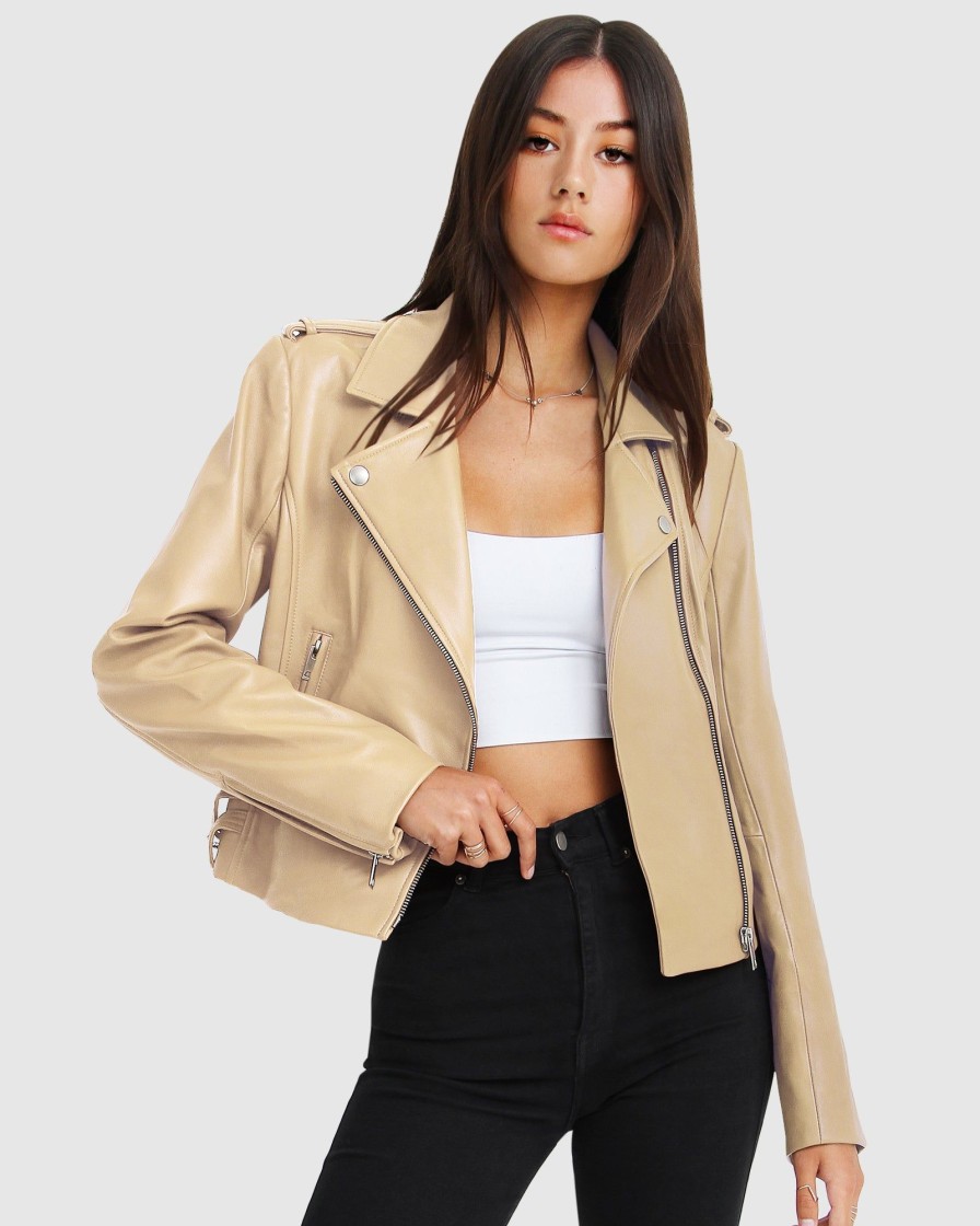 Women Belle & Bloom Leather Jackets | Just Friends Leather Jacket - Sand