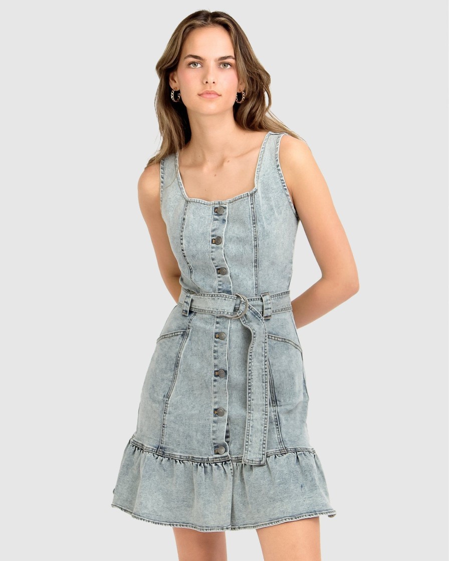 Women Belle & Bloom Mini Dresses | Rendezvous Denim Mini Dress - Stonewash