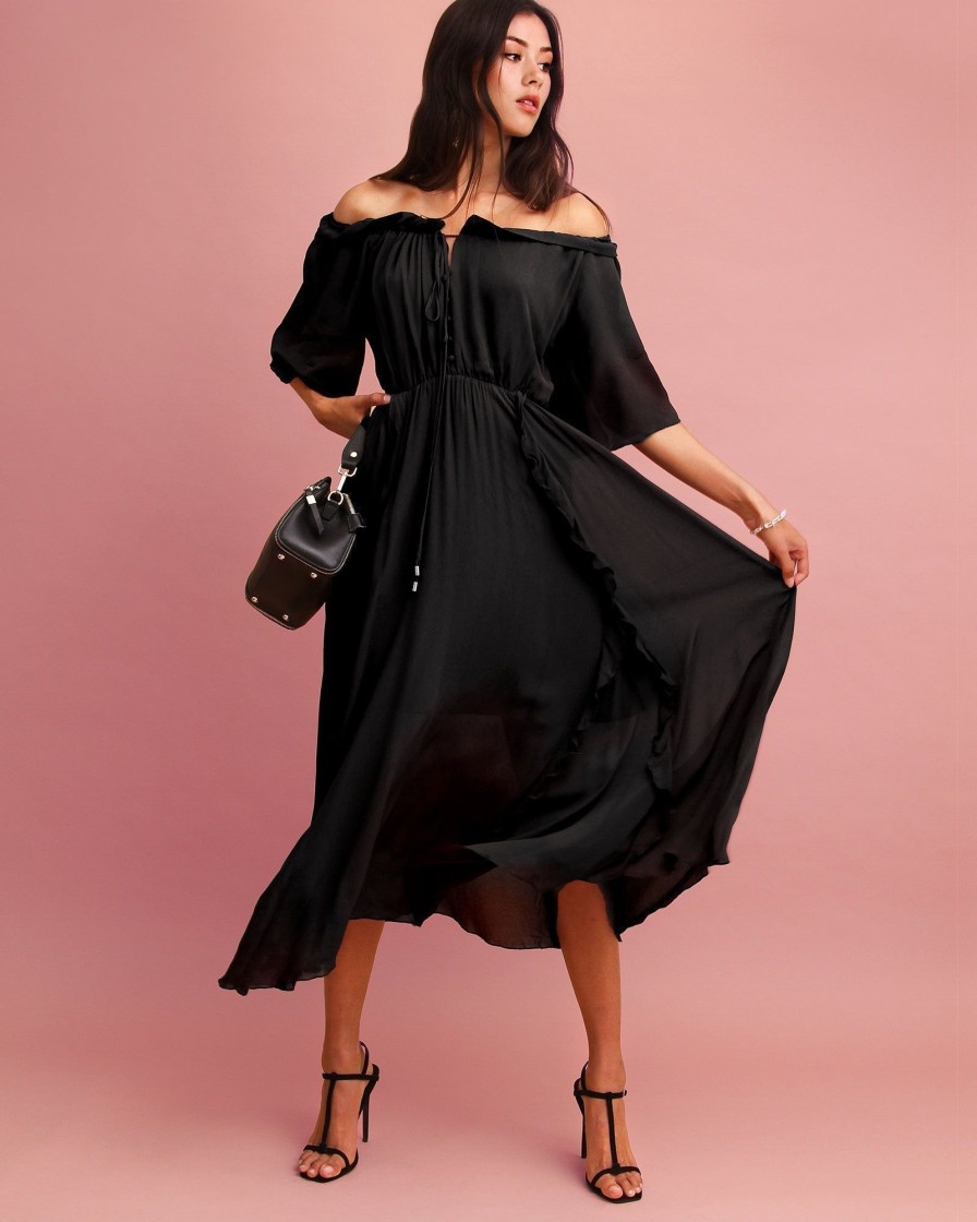 Women Belle & Bloom Maxi Dresses | Amour Amour Ruffled Midi Dress - Black