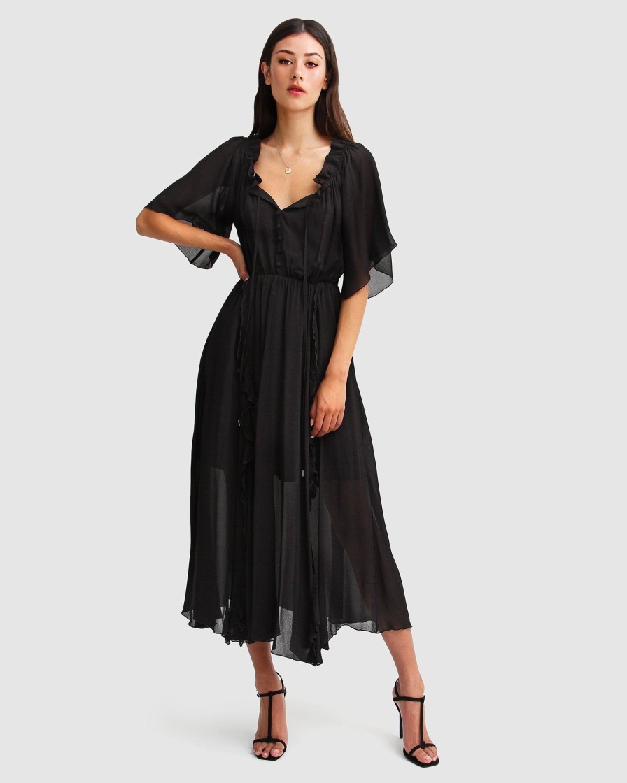 Women Belle & Bloom Maxi Dresses | Amour Amour Ruffled Midi Dress - Black