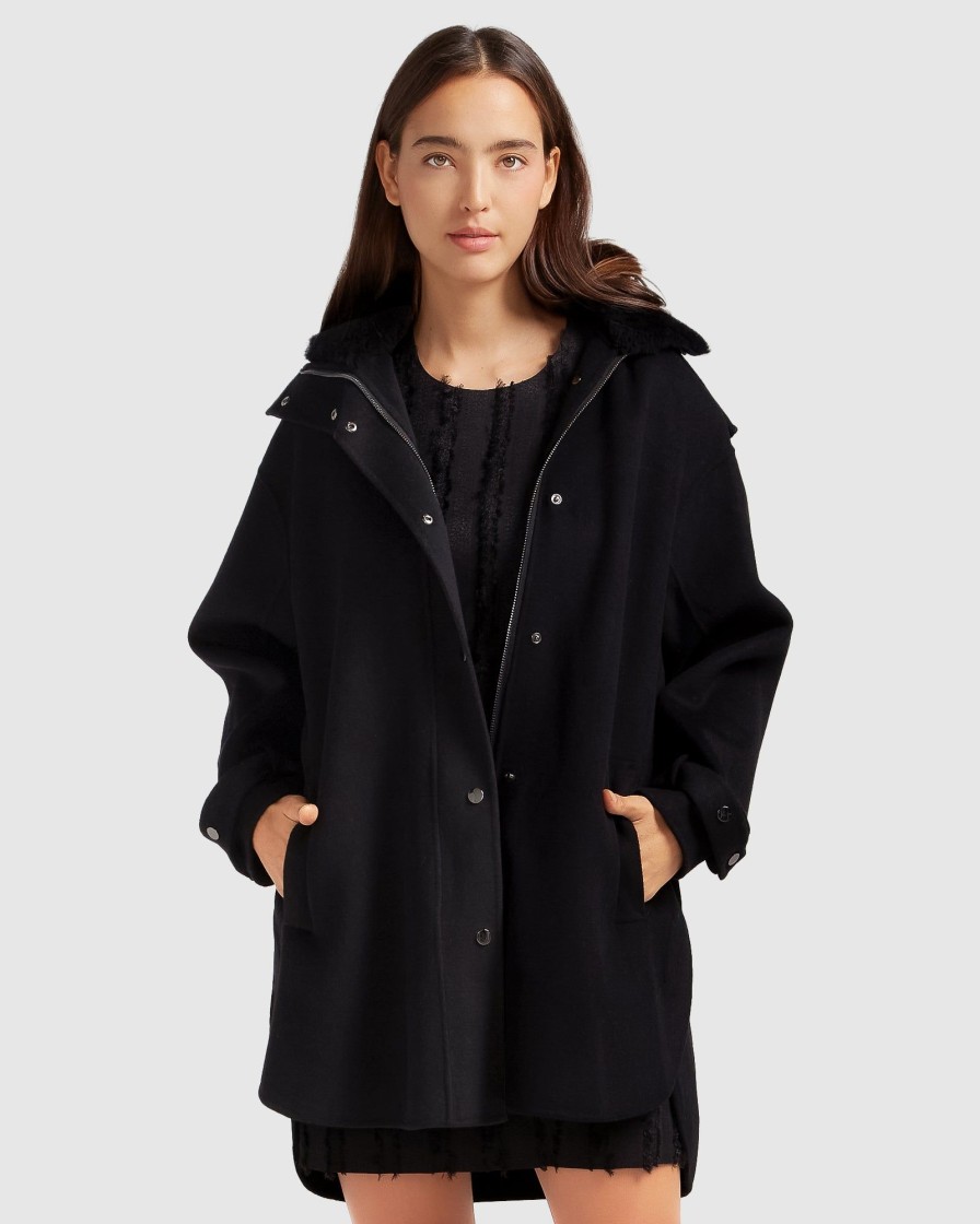 Women Belle & Bloom Wool Coats | Heavy Hearted Detachable Hooded Coat - Black