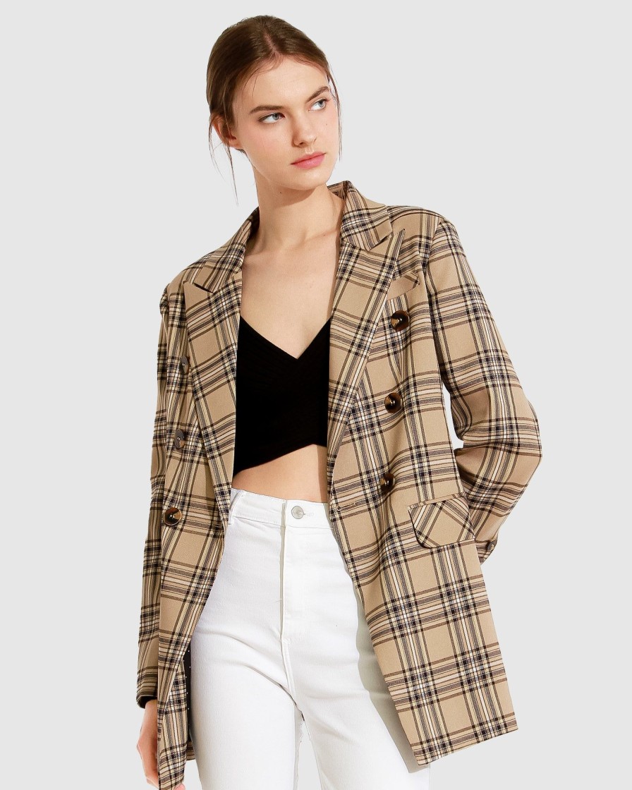 Women Belle & Bloom Suits & Blazers | Too Cool For Work Plaid Blazer - Camel